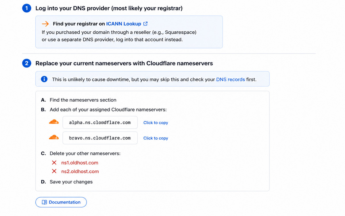 Change nameservers at your domain registrar account