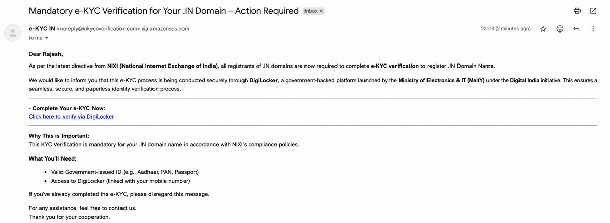 dot in domain kyc verification email